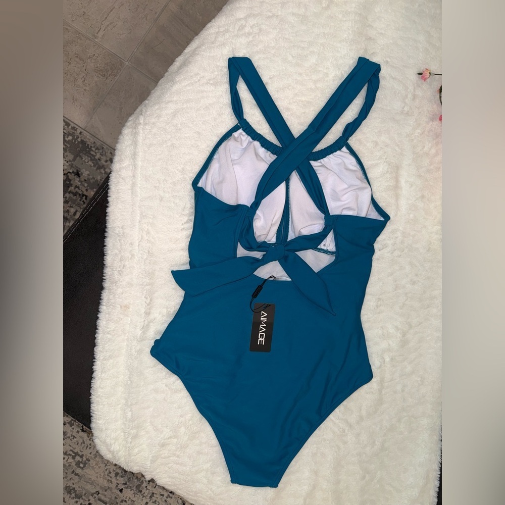 NWT Teal Crossback One-Piece Swimsuit — Supportive Ruched Front Size S - Picture 5 of 7